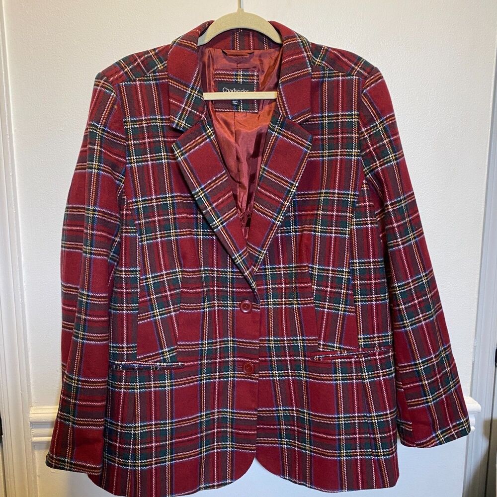 Preppy Chadwicks Wool Blend Red Tartan Plaid Blazer Retro Lined Button Front 22W